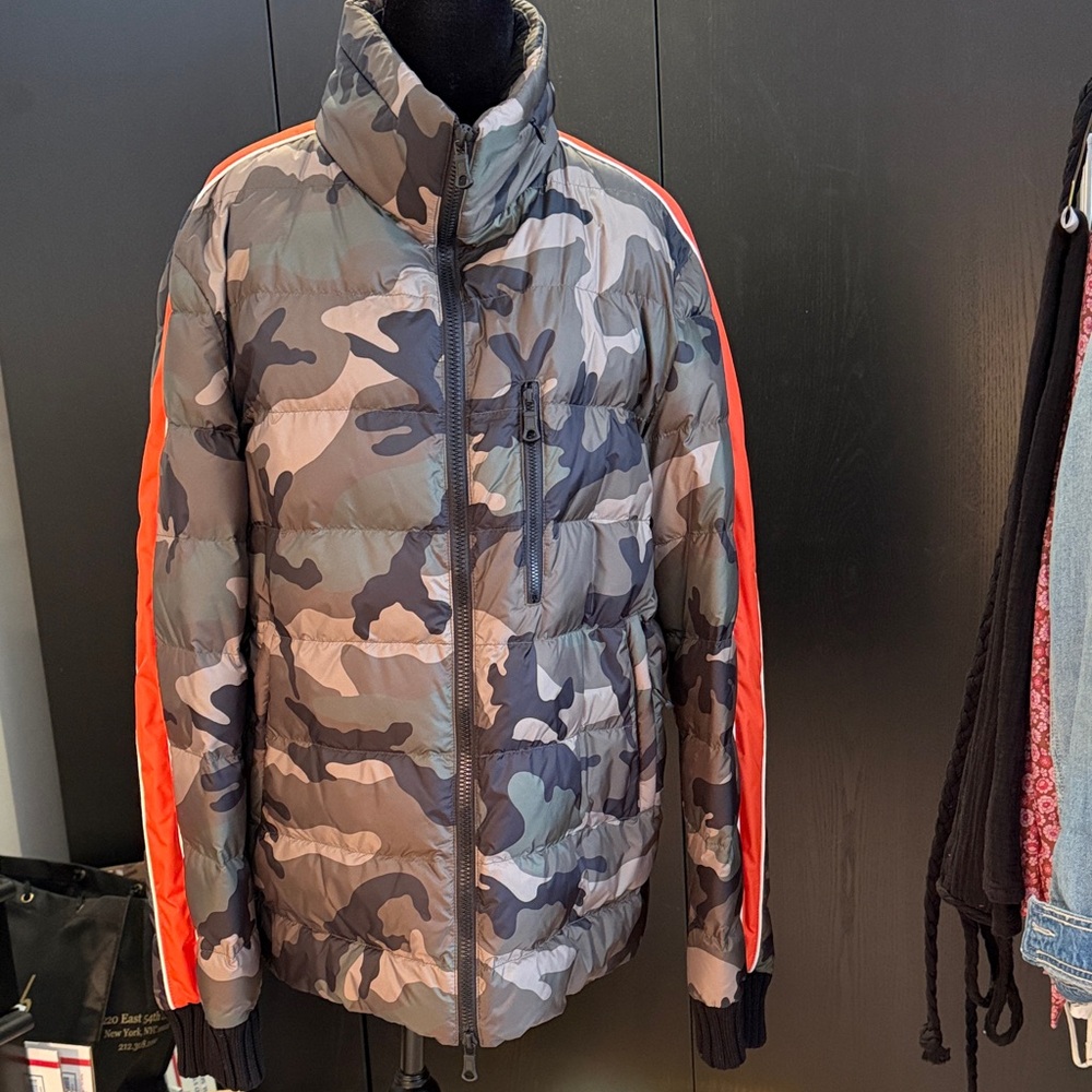 Valentino Garavani Camouflage Puffer Jacket with Orange Stripes Size 52
